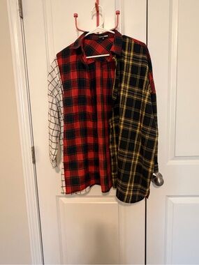 Fashion Nova Mixed Plaid Patchwork Shirt - Red, Black, Yellow, White